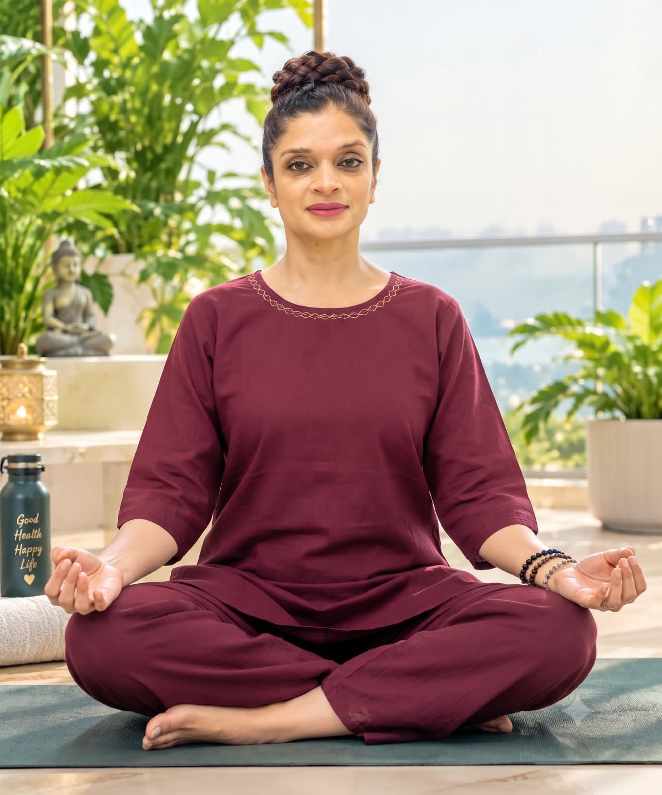 Amarja Nafrey seated cross-legged in meditation on a sunlit terrace among plants